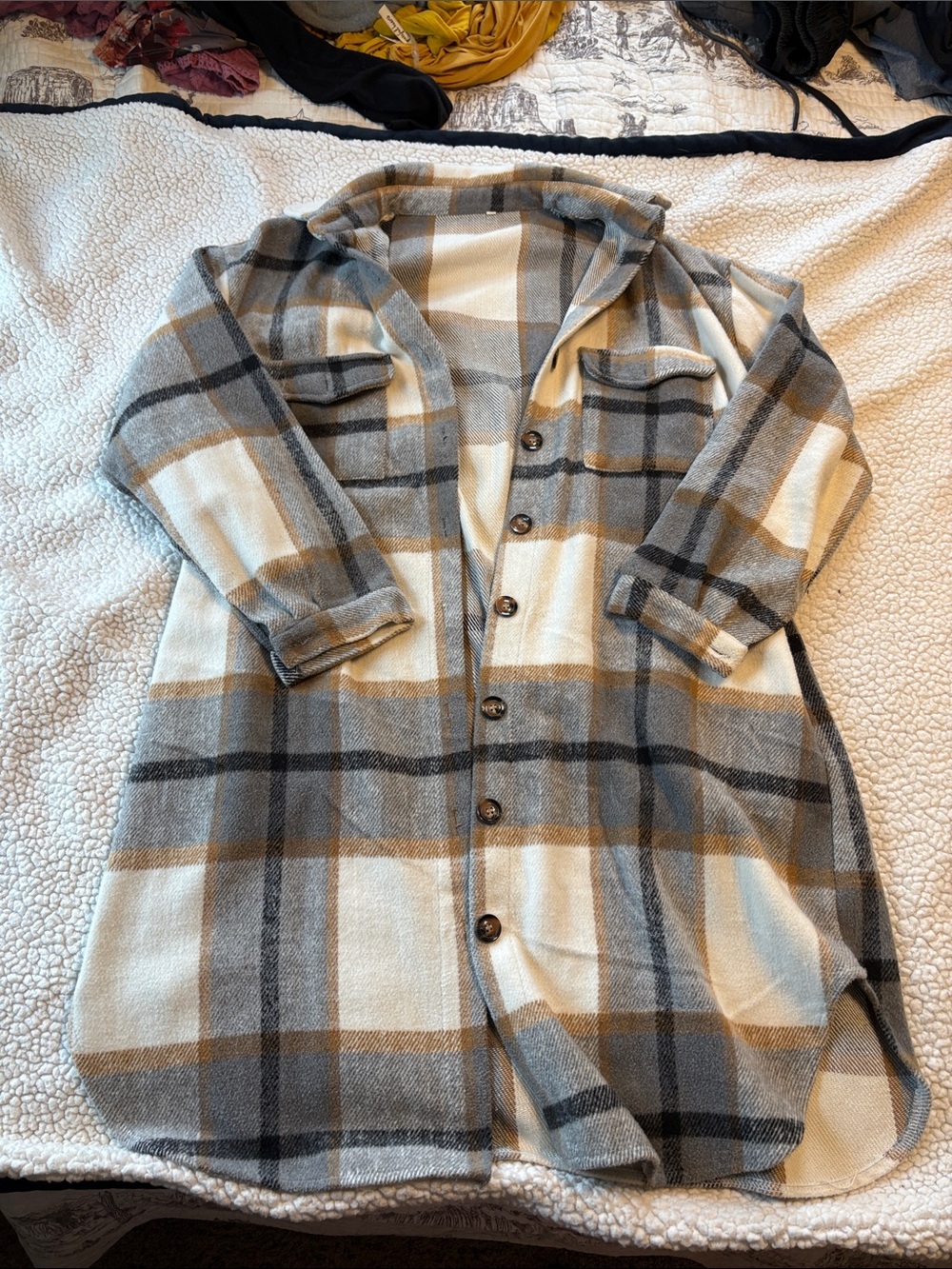 Plaid Button-Up Shacket in Cream, Gray & Brown